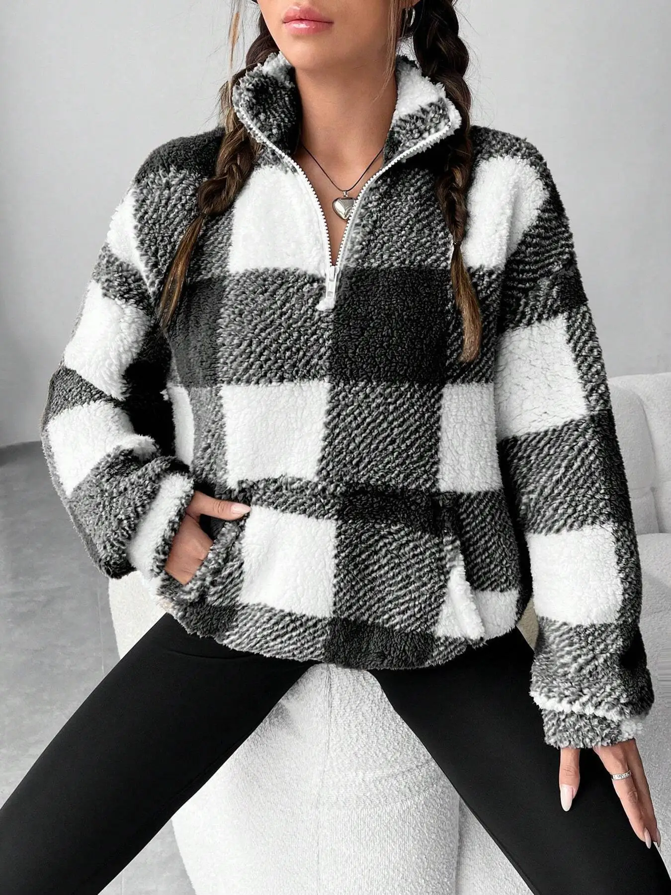 2025 Women's Plaid Jacket Reversible Furry Zip Up Oversized Fall Streetwear Coat