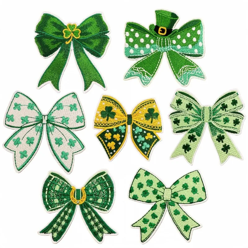 New Irish Festival Clover Bow Sew Iron on Embroidery Patch Stickers Applique for Clothes T-shirt Scarf Hat Bags Ipad Bicycle