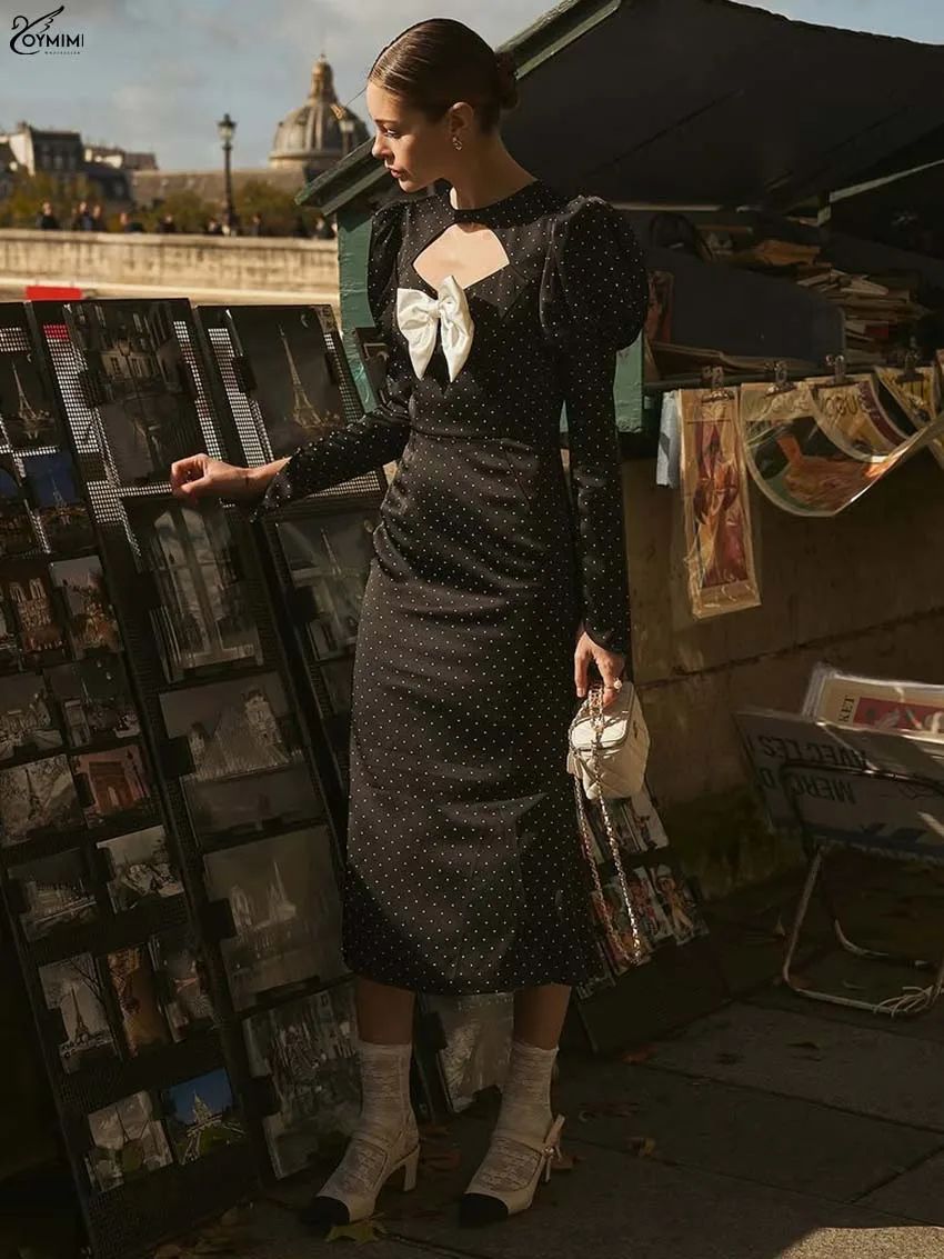 

Oymimi Elegant Black Print Women's Dress Fashion Long Sleeve Patchwork Bow Hollow Out Dresses Casual Straight Mid-Calf Dresses