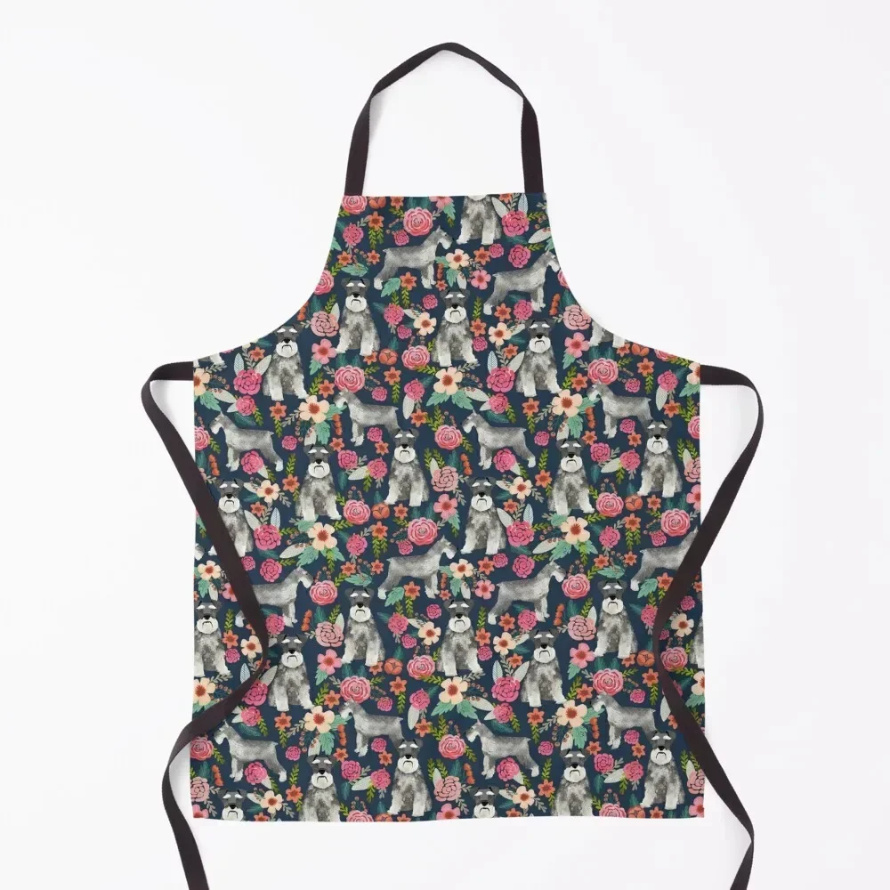 schnauzer dog floral - vintage florals, floral pet, cute dog, miniature schnauzer Apron For Kitchen Apron