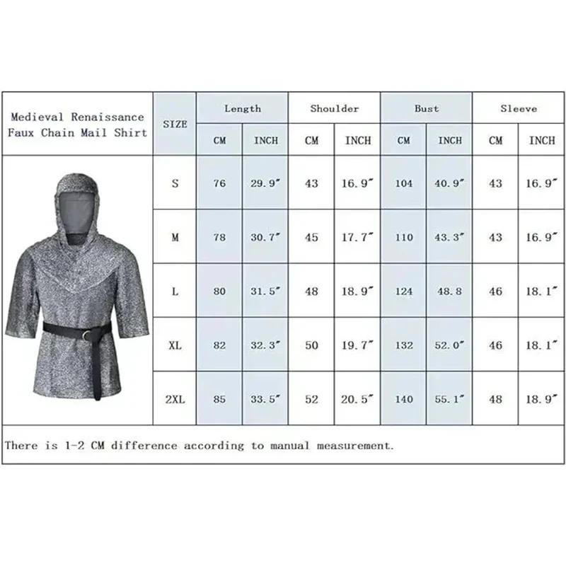 ❤2026❤ Anime Renaissance Faux Chain Mail Armor Tunic Shirt Coif Medieval Knight Cowl Crusader Costume Outfit Bracers Waist Belt❤ view 3