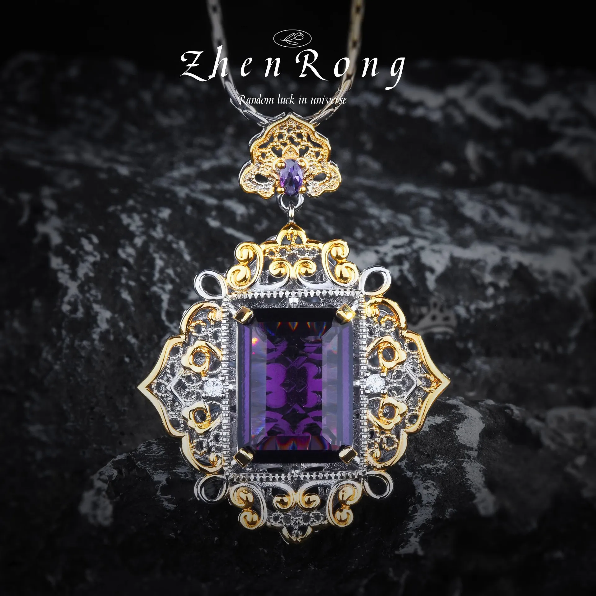 Vintage Purple Square Amethyst Pendant Necklaces For Women Luxury Elegant Two-color Hollow Out Necklace Banquet Party Jewelry