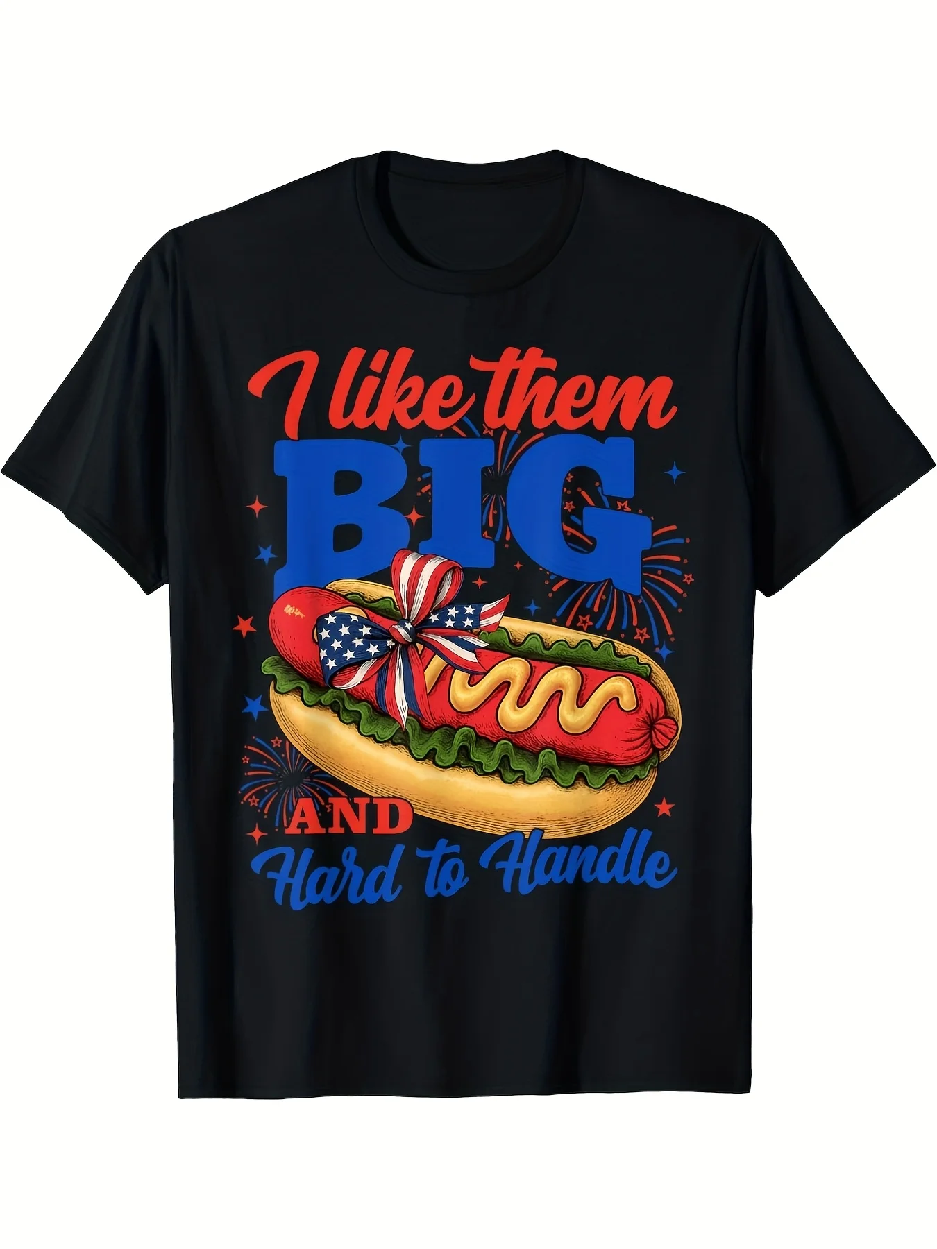 Funny 4Th of July Tshirt Patriotic Hot Dog Weiner Graphic Tee Black Shirt with Red Blue Lettering Loose Fit Independence Day Party Costume Or Casual BBQ Apparel Novelty Funny Food Lover Retro Casual Short-Sleeved T-Shirt