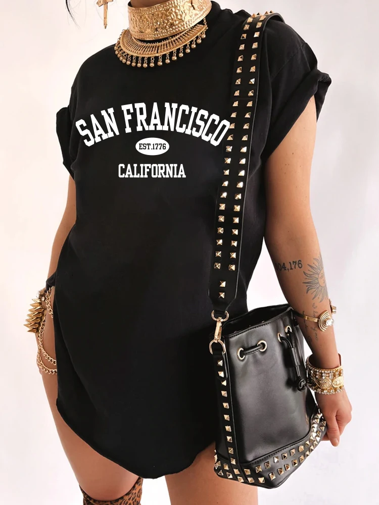 Seeyoushy San Francisco Print New Casual Side Slit Women T Shirt Summer Drop Shoulder Loose Tee Shirt 90's Girls T Shirt Tops