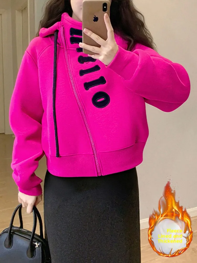 

Trendy Letter Print Hoodie Women's Winter Fce Lined Loose Zipper Open Cardigan Korean Sle Casual Long Sve Top