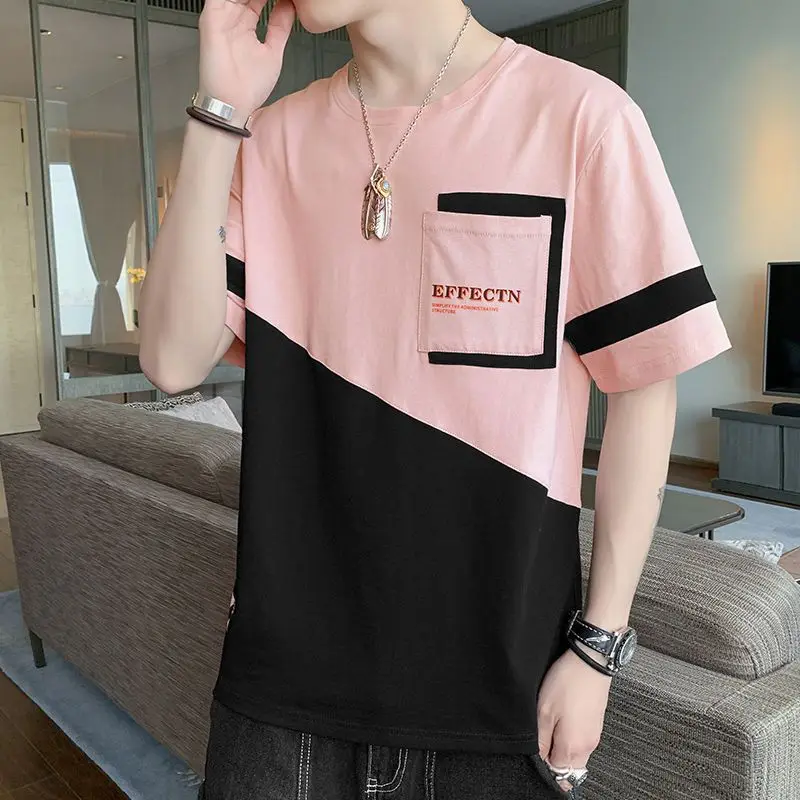 Fashion O-Neck Spliced Letter Asymmetrical T-Shirt Men's Clothing 2023 Spring New Oversized Casual Pullovers Korean Tee Shirt