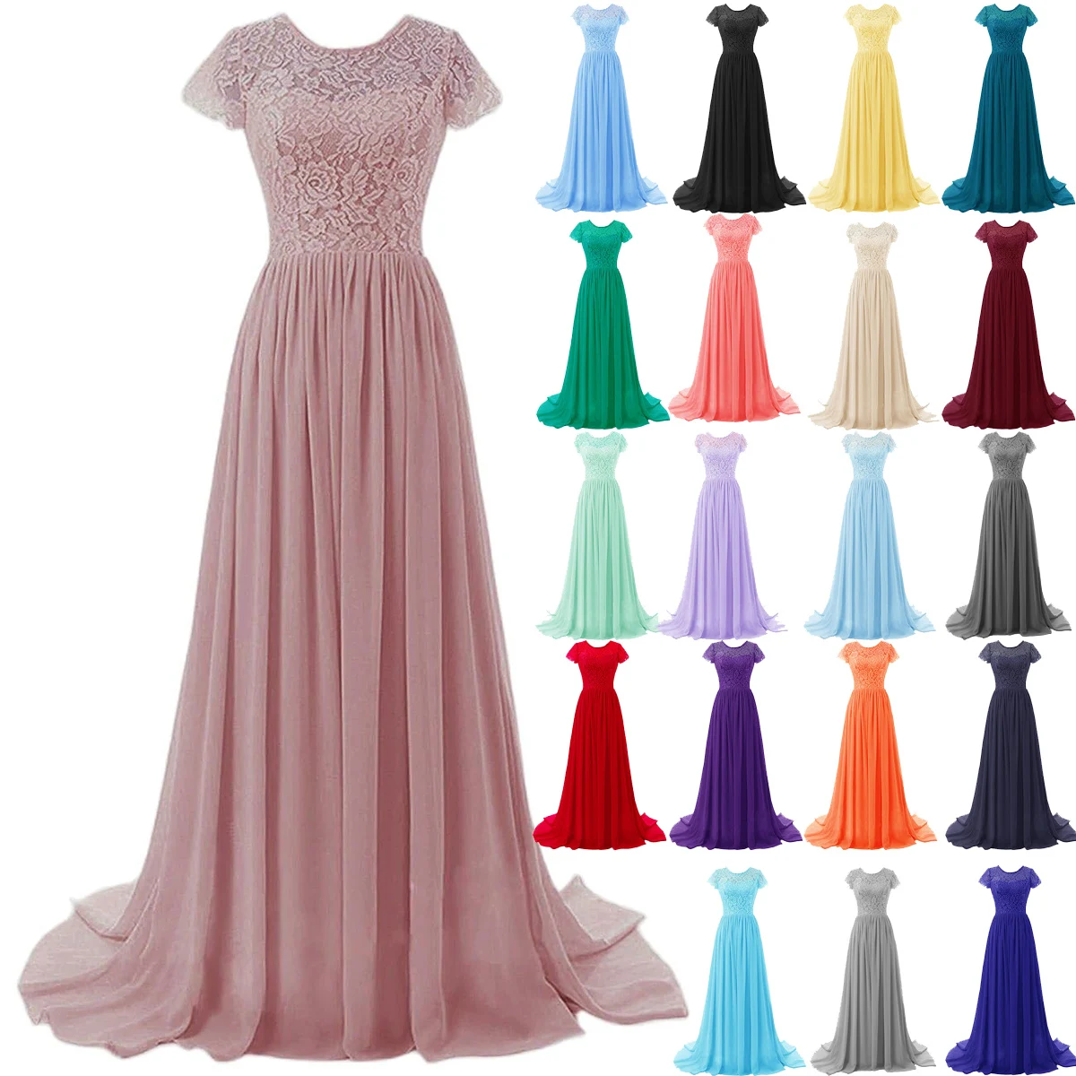 Uma linha de renda chiffon elegante barco pescoço manga curta vestidos de dama de honra festa de casamento à noite formal baile trem varredura corset volta