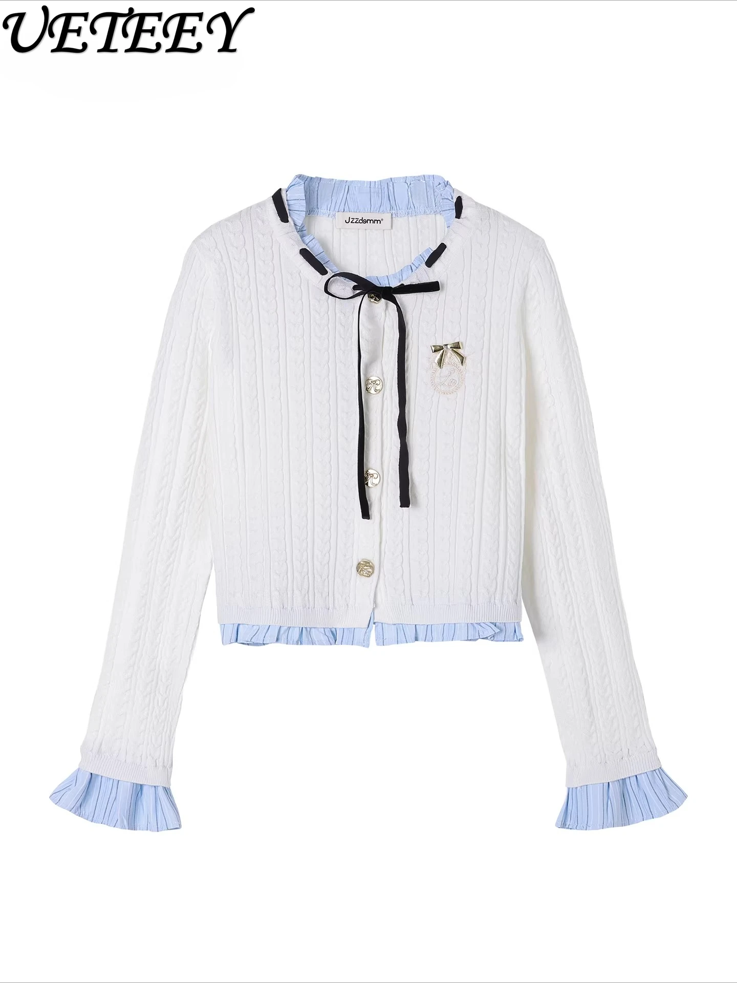 

2026 Spring New College Style Fake Two-Piece Ruffled Tie Knitted Cardigan Fashion Versatile Women's Youthful Short Top