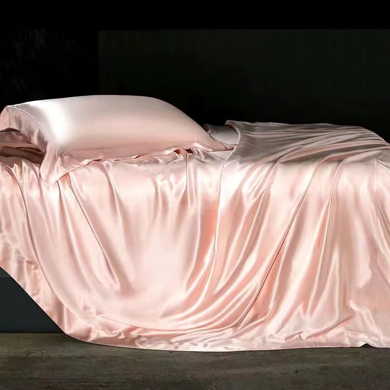 

#V High-End Mulberry Silk Bed Sheet Set Light Luxury Four-Piece with Geometric Pattern Europe Style Pure Color for Exports