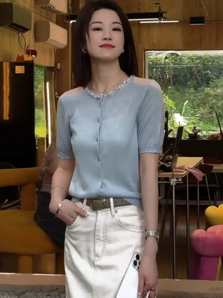 

Модный вязаный кардиган с коротким рукавом для женщин, повседневная одежда для работы, с дизайном, украшенным стразами, летний, свободного кроя, с круглым вырезом