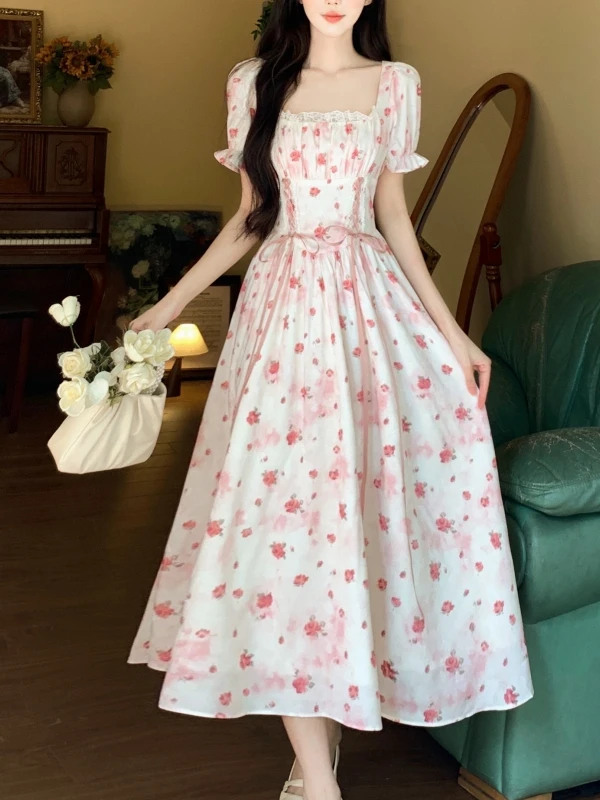 

plus Size Floral Print Square Ne Tie Waist Long Dr Women's Summer New Sle Sweet Court Sle Dr Korean Sle Slim Fit