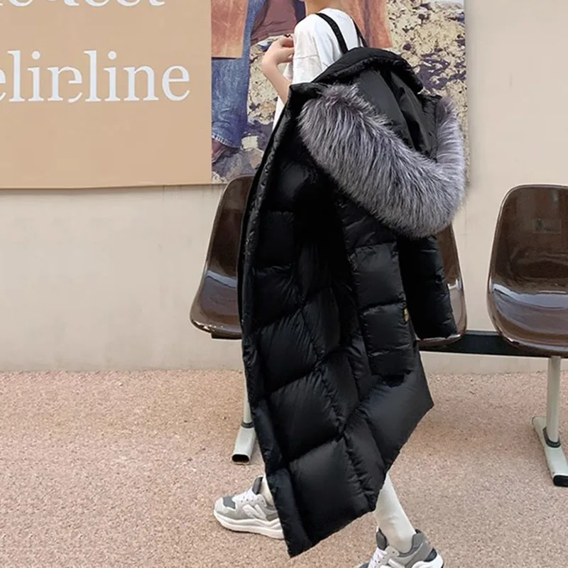 Overcoat Silver Fox Fur Collar Women Down Jacket 2023 New Winter Warm Hooded Elegant High Quality  Fashion Women Down Jacket Y25