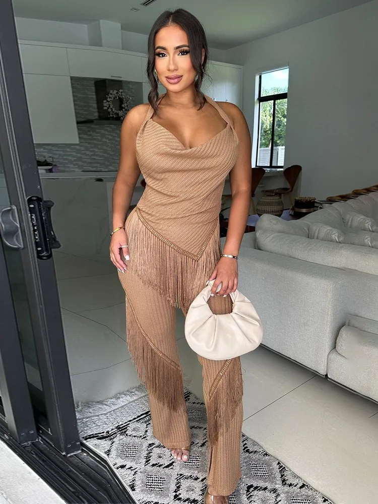 

New Arrival Woman 2 Pieces Pants Sets Summer Sling Blouse Backless & Long Trousers With Tassel Fashion Ladies Outfits Pants Sets