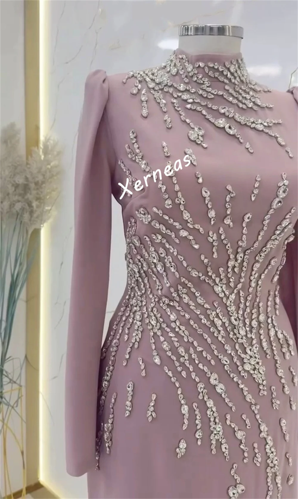 Personalizado de alta qualidade festa à noite strass brilho sob medida ocasião clássico elegante gola alta trompete vestidos longos