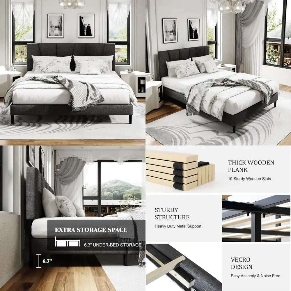 إطار سرير بمنصة كينج منجدة حديثة مع دعامة شرائح خشبية، لا يتطلب صندوق زنبركي، سهل التجميع، أوب صامت