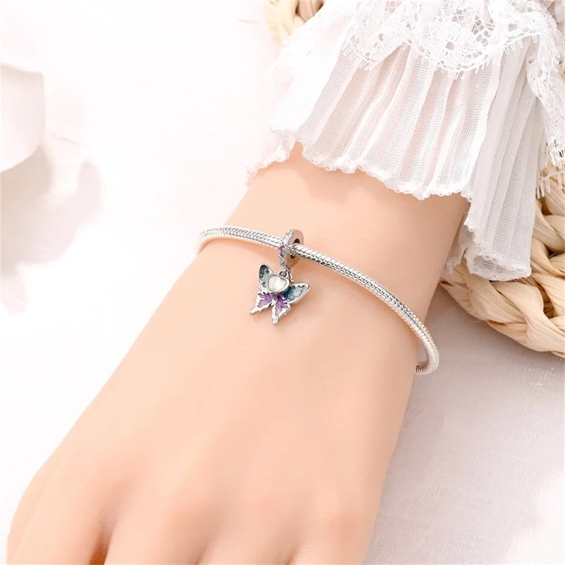 New 100% 925 Sterling Silver Nightglow Butterfly Heart-Shaped Gem Charms Bead Fit Qikaola Original Bracelet DIY Birthday Jewelry