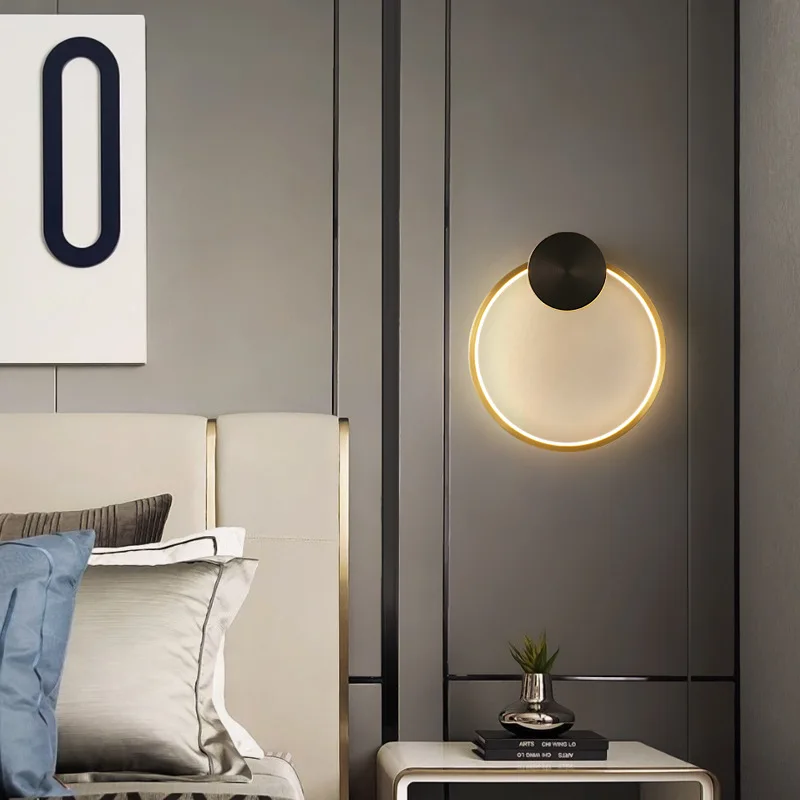 Modern Luxury Circular Wall Lamps Foyer Geometric Model Room Bedroom Staircase Foyer All Copper Minimalist Indoor LED Wall Light