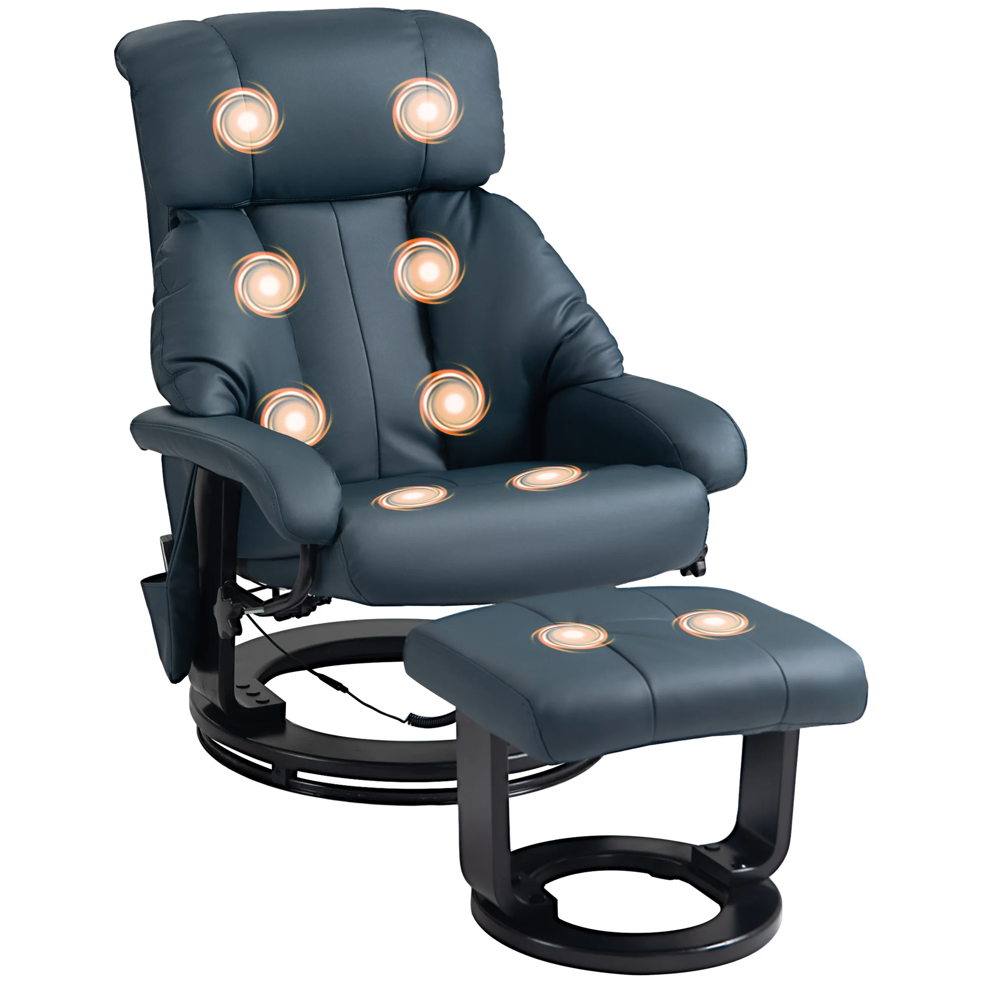 Massage Recliner Chair with Ottoman, 360 °   Swivel Recliner and Footstool, 10-Point Vibration, Blue