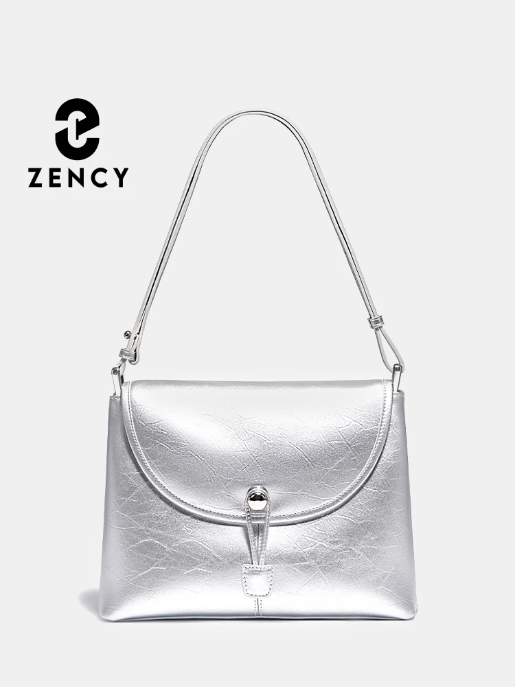 

Zency Cool Silver Bag 2024 Women 100% Genuine Leather Handbag Large Pocket Square Bag Shoulder Crossbody Luxury Bag For Mom Lady