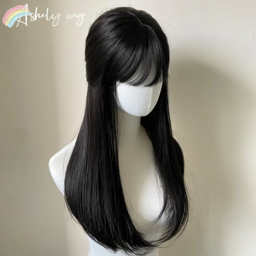 Schwarze Perücke mit Pony, lange gerade synthetische Perücken für Frauen, 61 cm, Lolita, niedliche natürliche Hochtemperaturfasern für den täglichen Gebrauch