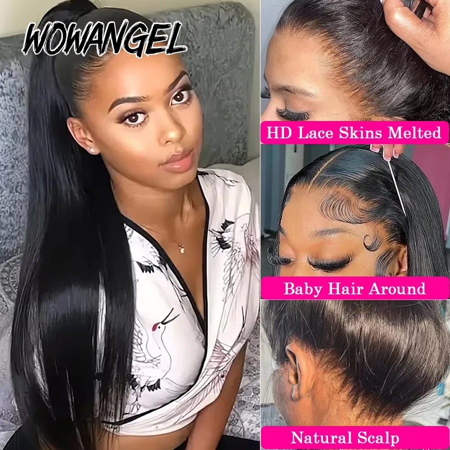Wig 28in renda untuk wanita, wig lurus 360 HD Full renda 250% rambut manusia melakukan ekor kuda tinggi alami rambut Remy untuk wanita