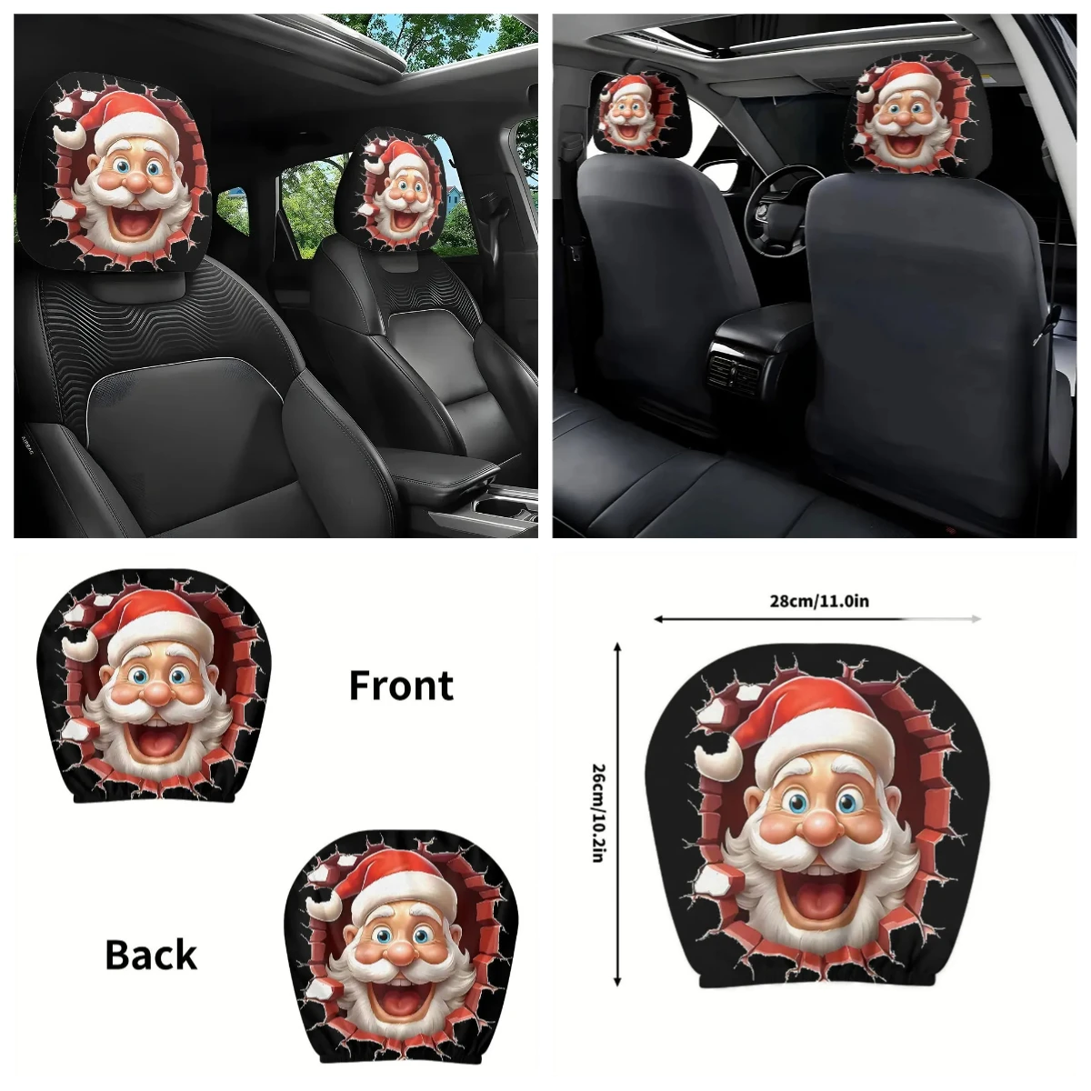 

2-piece Christmas gift set, funny and quirky Santa Claus car headrest cover, car interior decoration, anti-oil and anti-stain