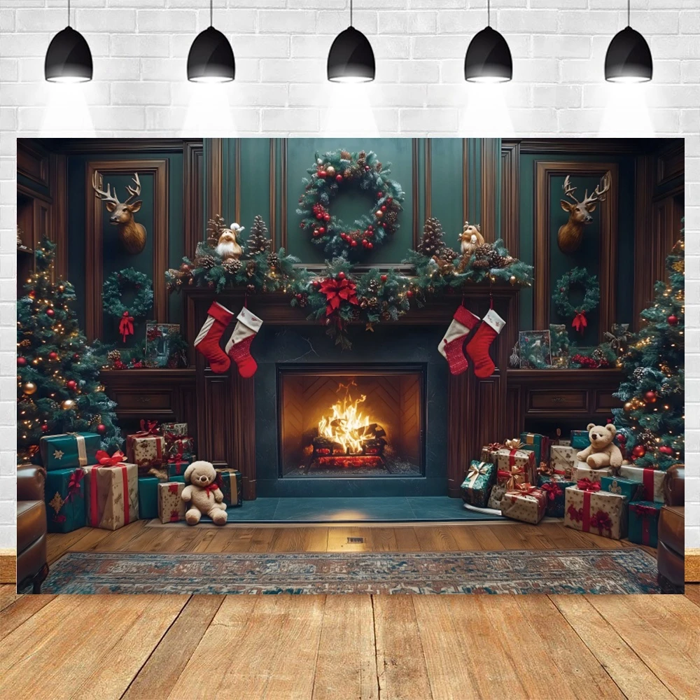 Christmas Fireplace Photography Backdrop Xmas Trees Gifts Toy Bear Stockings Garland Kids Family Party Decor Photo Backgrounds