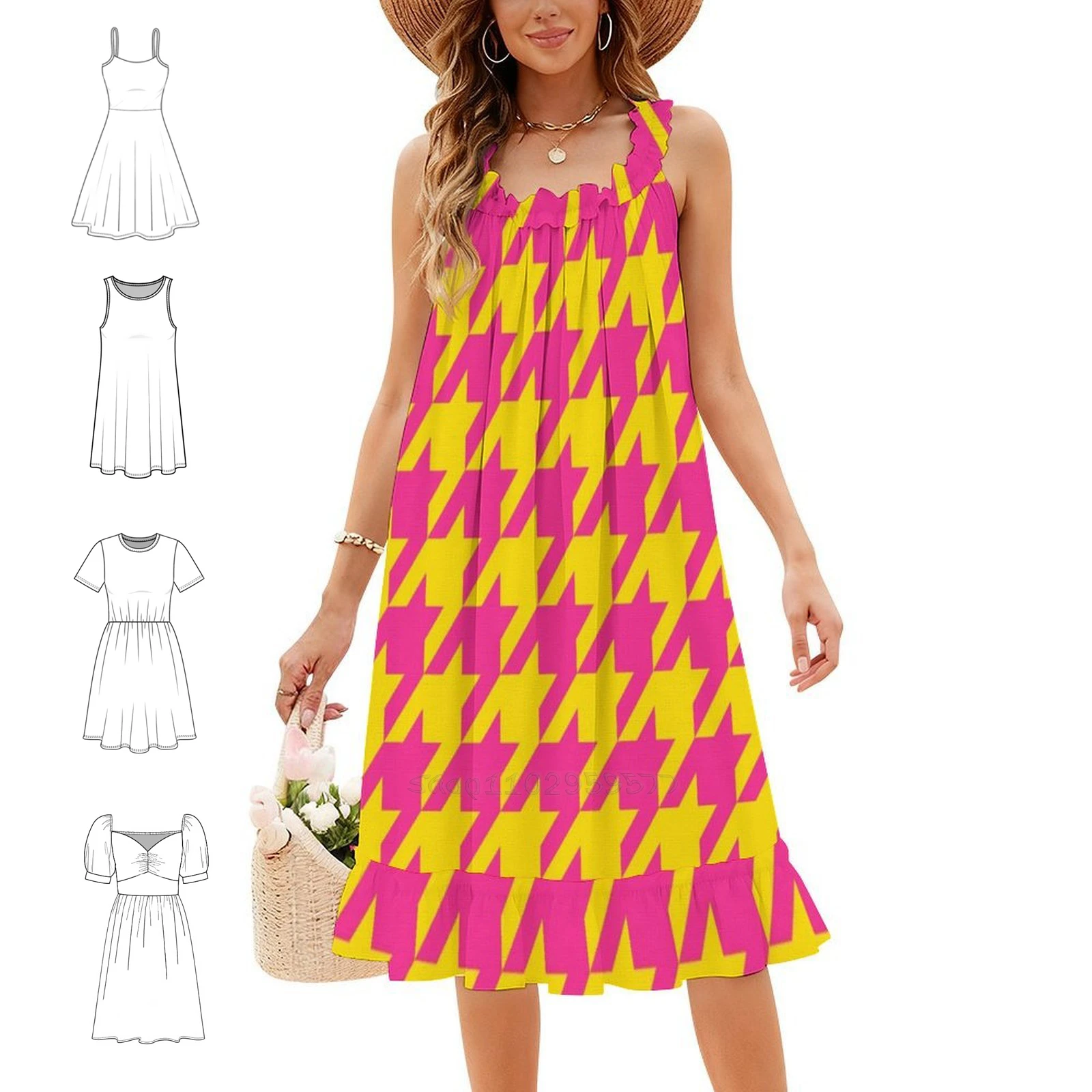 Yellow And Pink Houndstooth Large Korean Style Casual Dress For Women Simple Daily Office Lady Dresses Yellow And Pink