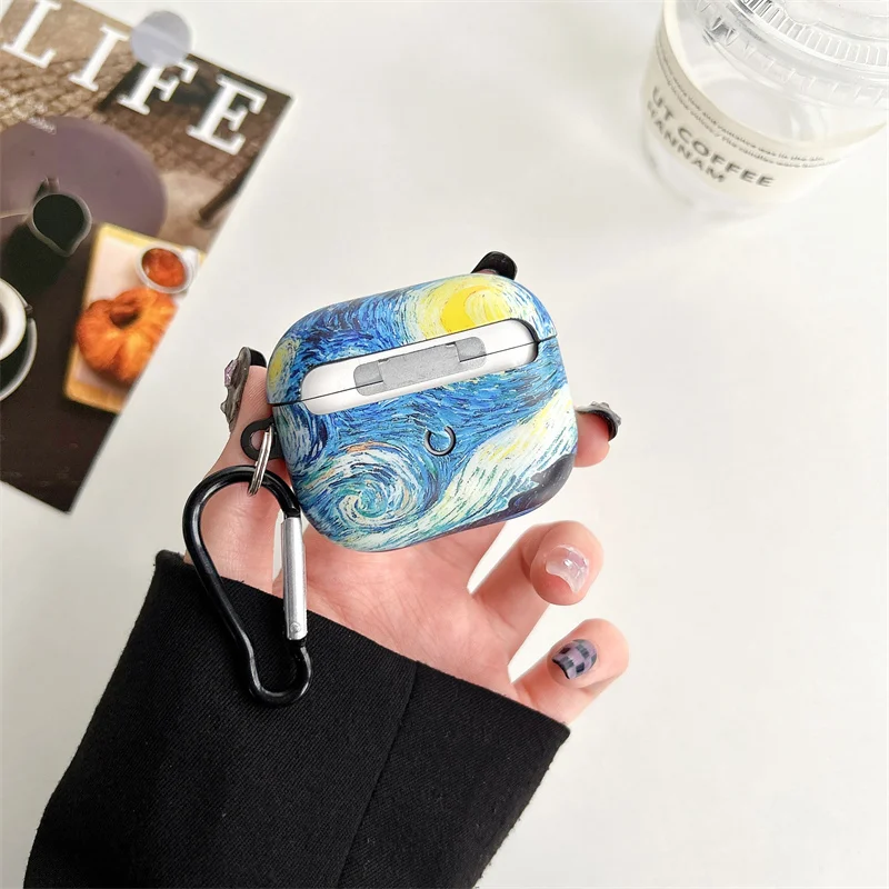 Keychain Airphones Cases for Airpods Pro 2 3 Gen Van Gogh Oil Painting Case Cover Para Air Pods Auriculares Funda Hook Up Shell