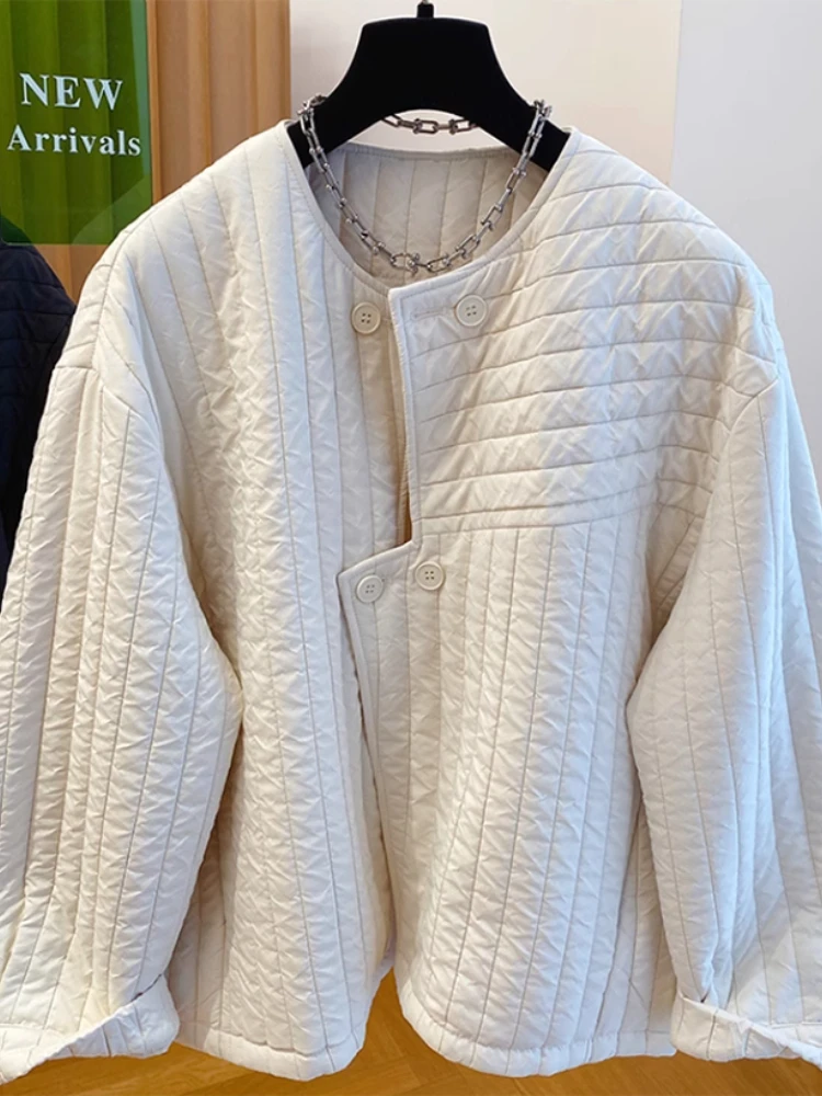 

2025 Korean Style Round Neck Quilted Cotton Jacket Women's Lightweight Loose Casual Irregular Placket & Cotton Clip Coat