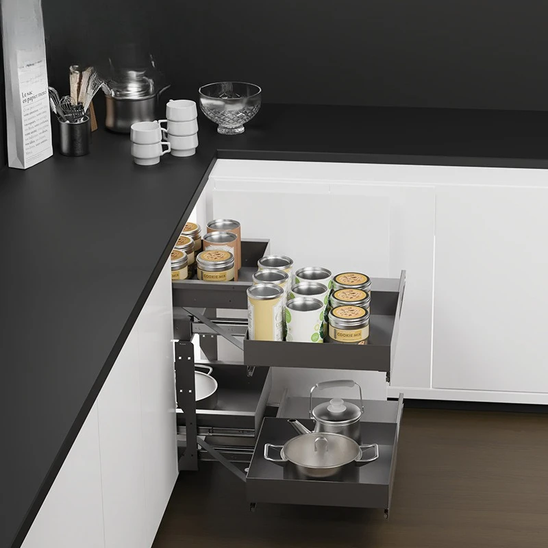 Kitchen corner basket cabinet push-pull double seasoning storage basket corner rotating snack rack