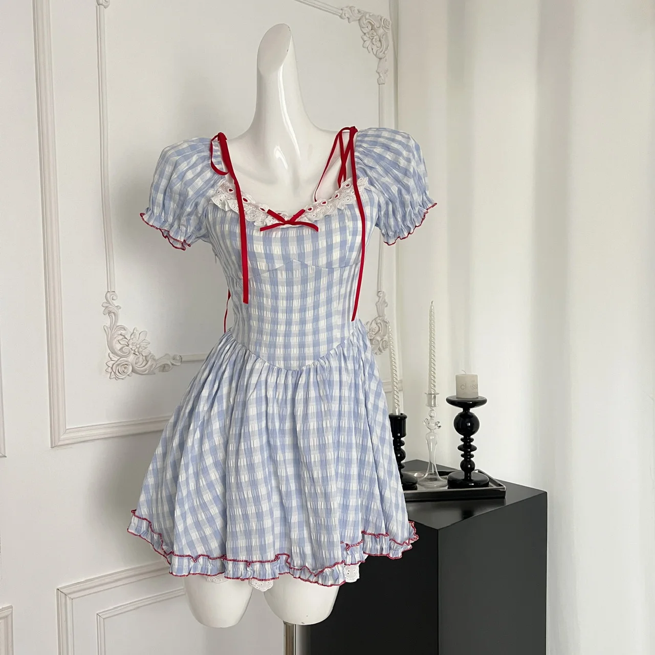 Summer Sweet Chiffon Fluffy Cake Mini Dress Women Slim Lace Splicing Plaid Bow Dress Japanese Kawaii Beach Style Short Sleeve