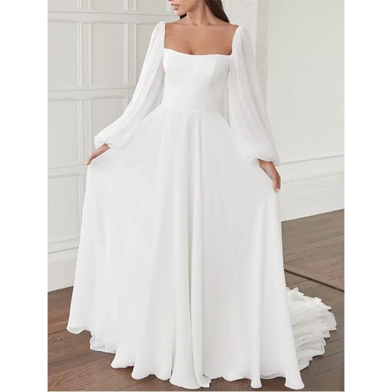 Customize A-Line Square Collar Long Sleeve Court Train Backless Chiffon Floor-Length Woman Wedding Dress Bridal Engagement Gowns