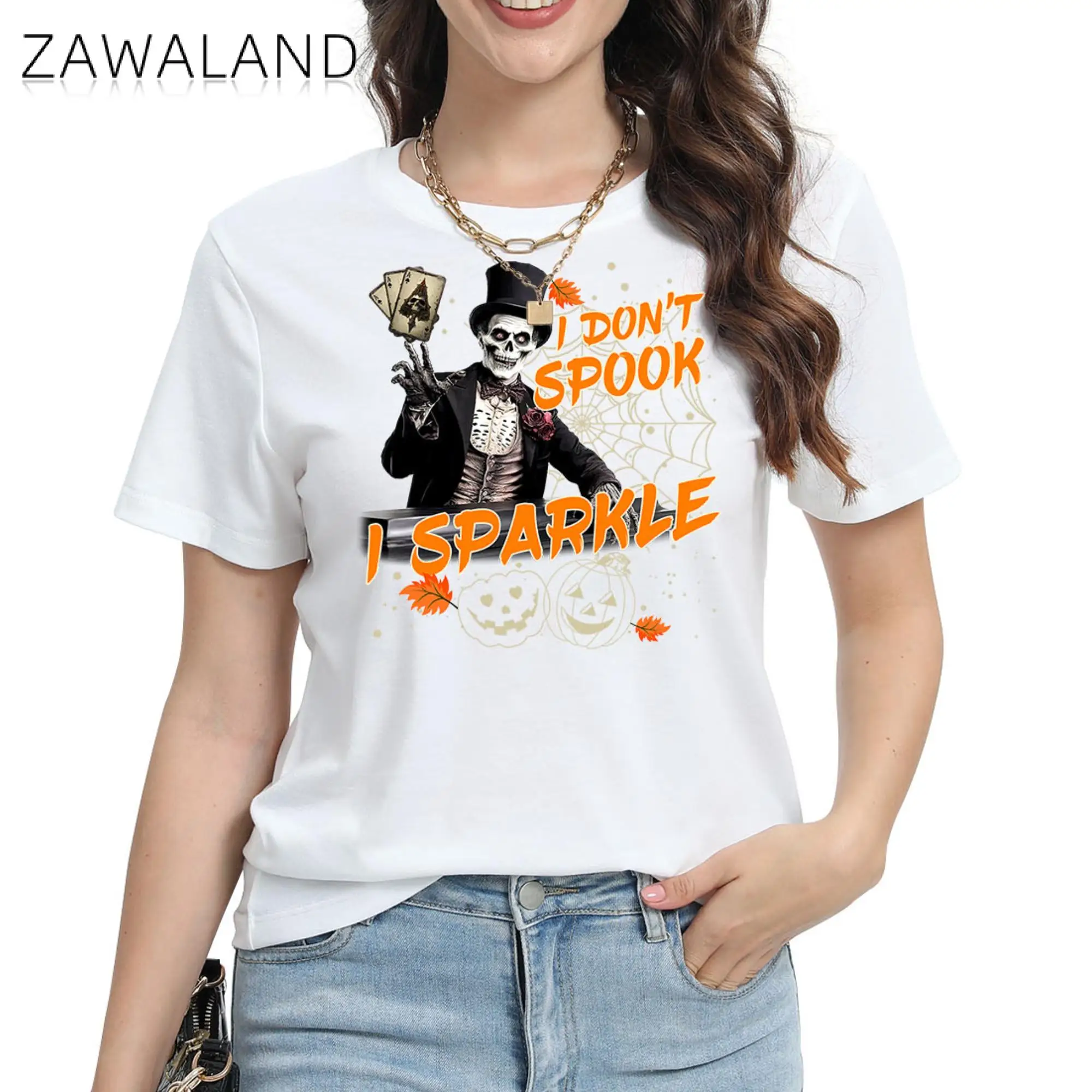 Zawaland 2024 Women Clothing T Shirt Summer Fashion Cartoon Ghost Skeleton Printing White Costume Female Short Sleeve Tops Tee