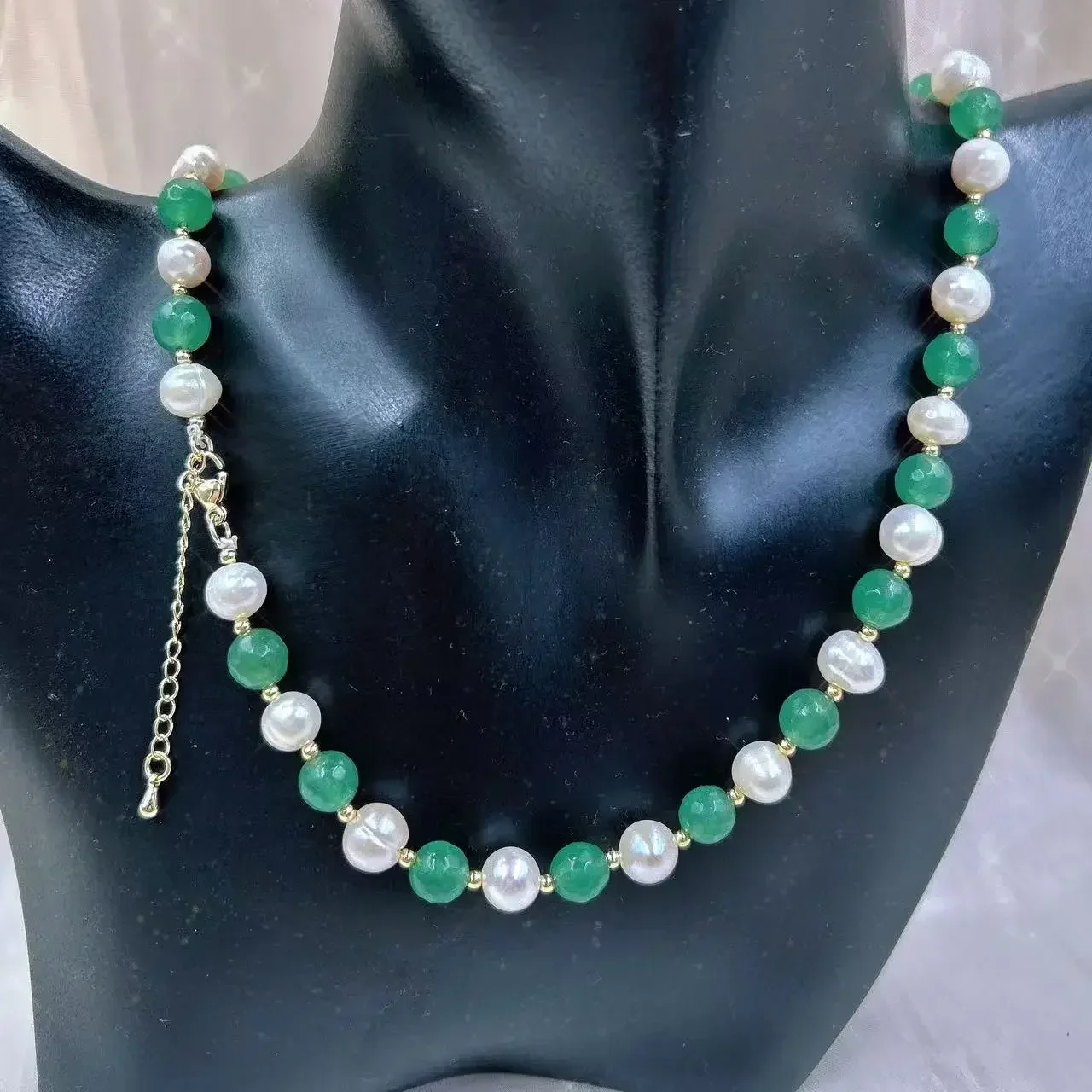 8mm White Natural Freshwater Pearl  Elegant Green Faceted Jade Boho Women Gemstone Short Choker Necklace 17-20inch