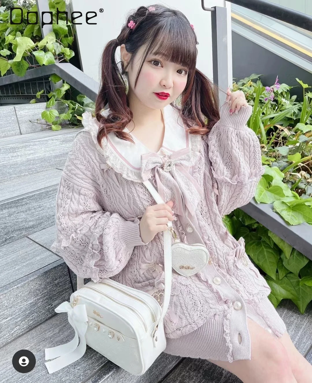 

Japanese Ribbon Hollow Pocket Knitted Cardigan Women Spring Autumn Lolita Style Bow Long Sleeve Single-Breasted V-neck Sweater