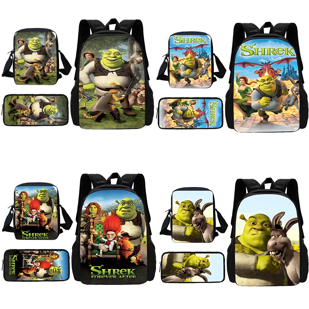 3 pcs set Funny S-Shreks Cartoon Child School Backpack With Shoulder Bag Pencil Bags School Bags for Boys Girls Best Gift