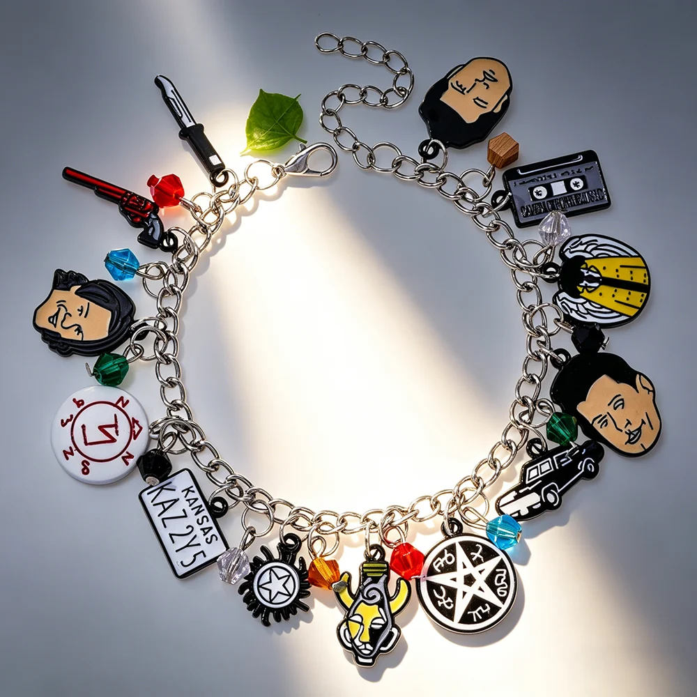Supernatural TV Show Themed Charm Bracelet with Winchester Brothers Castiel Anti-Possession Symbol Impala And Colt Gun Charms