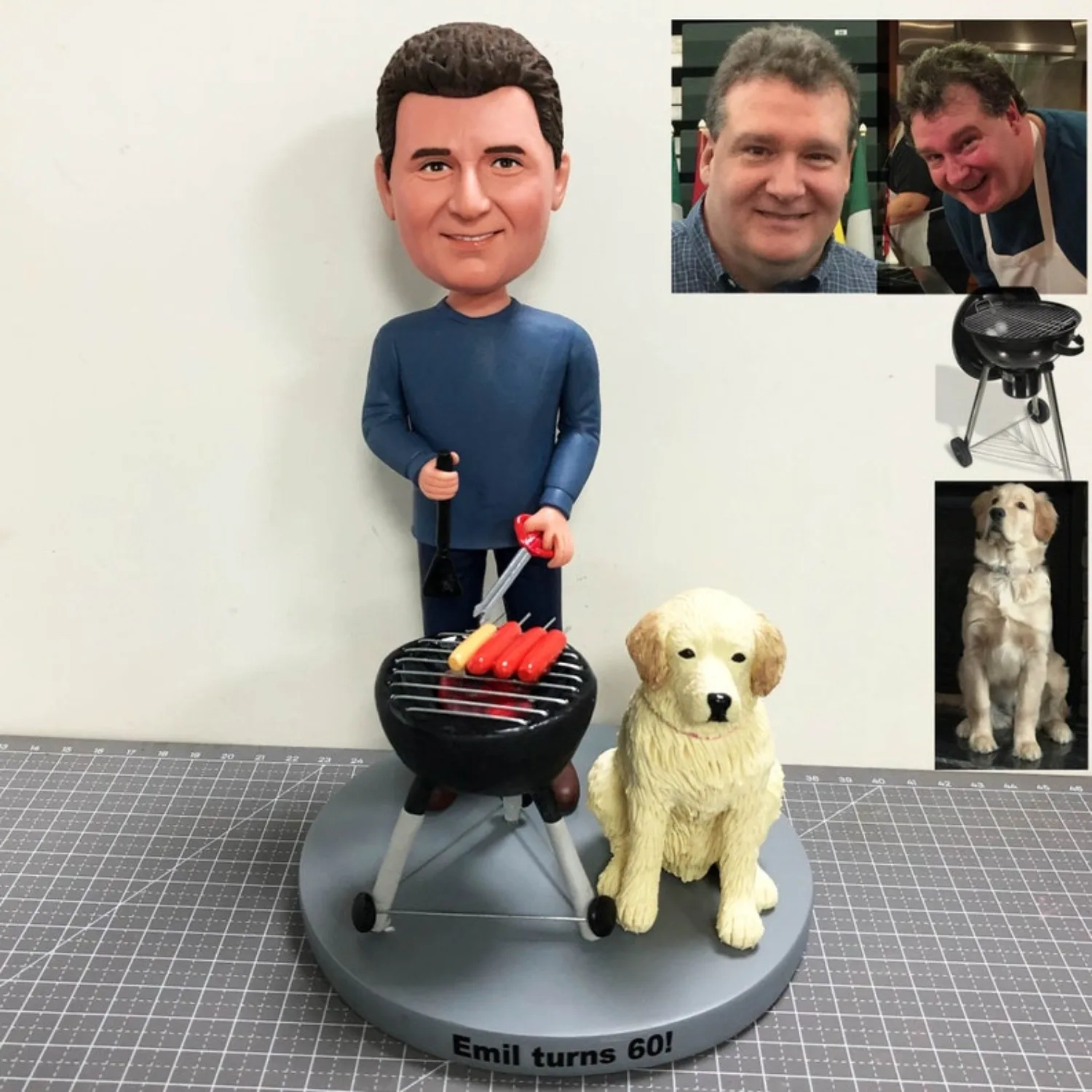 

Custom Barbecue Man With Dog Bobblehead Personalized Father Figurine Unique Fathers Day Gift Handmade Full Body Clay Figure