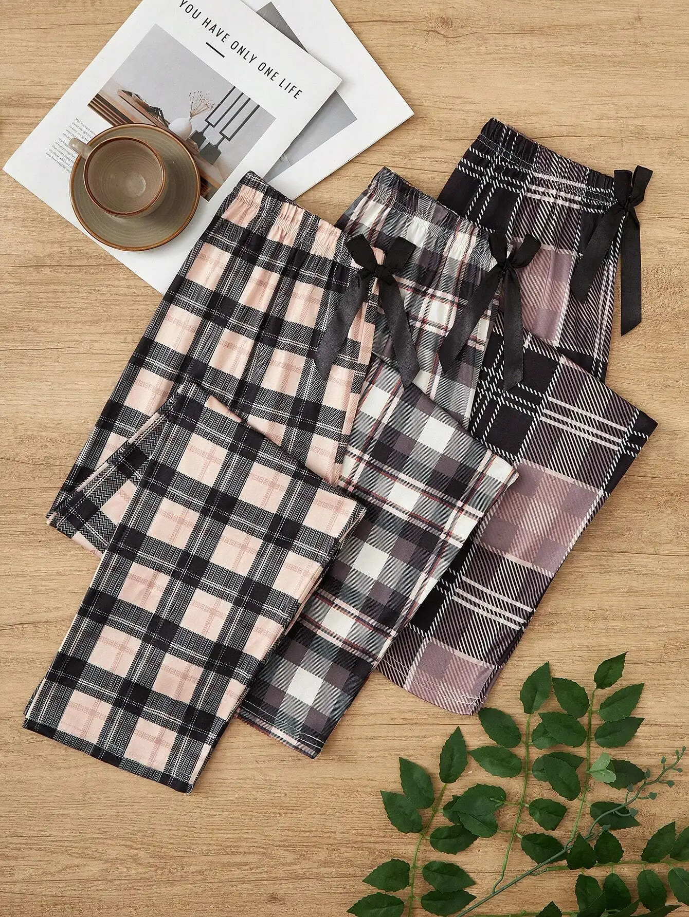 

Женский комплект пижамы из 3 предметов в клетку с бантом - мягкая одежда для сна из хлопковой смеси