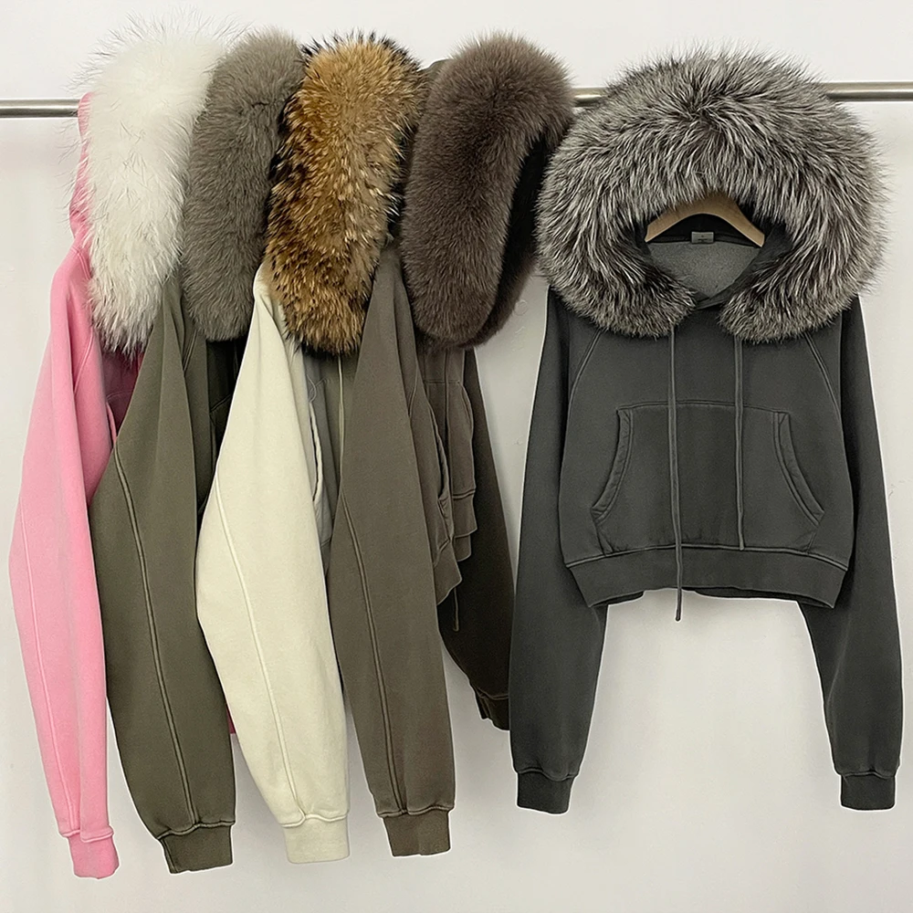 

Real Fur Collar Insfleece-lined Versatile Cropped Smooths Silhouette Zip-up Hooded with Natural Fur Sweatshirt Women New Spring