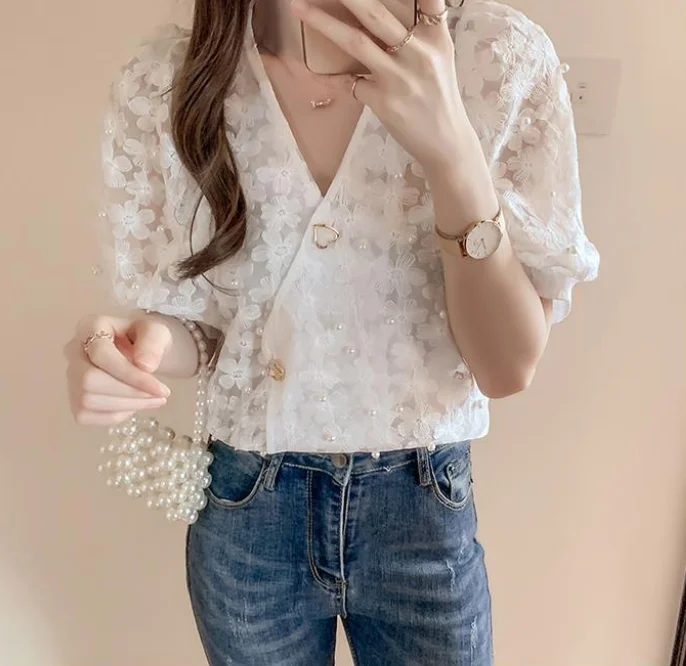 Summer V-Neck Short Sleeved Chiffon Shirt Trend Lace Bubble Sleeves Button Decoration Semi Transparent Elegant Chiffon Shirt Top