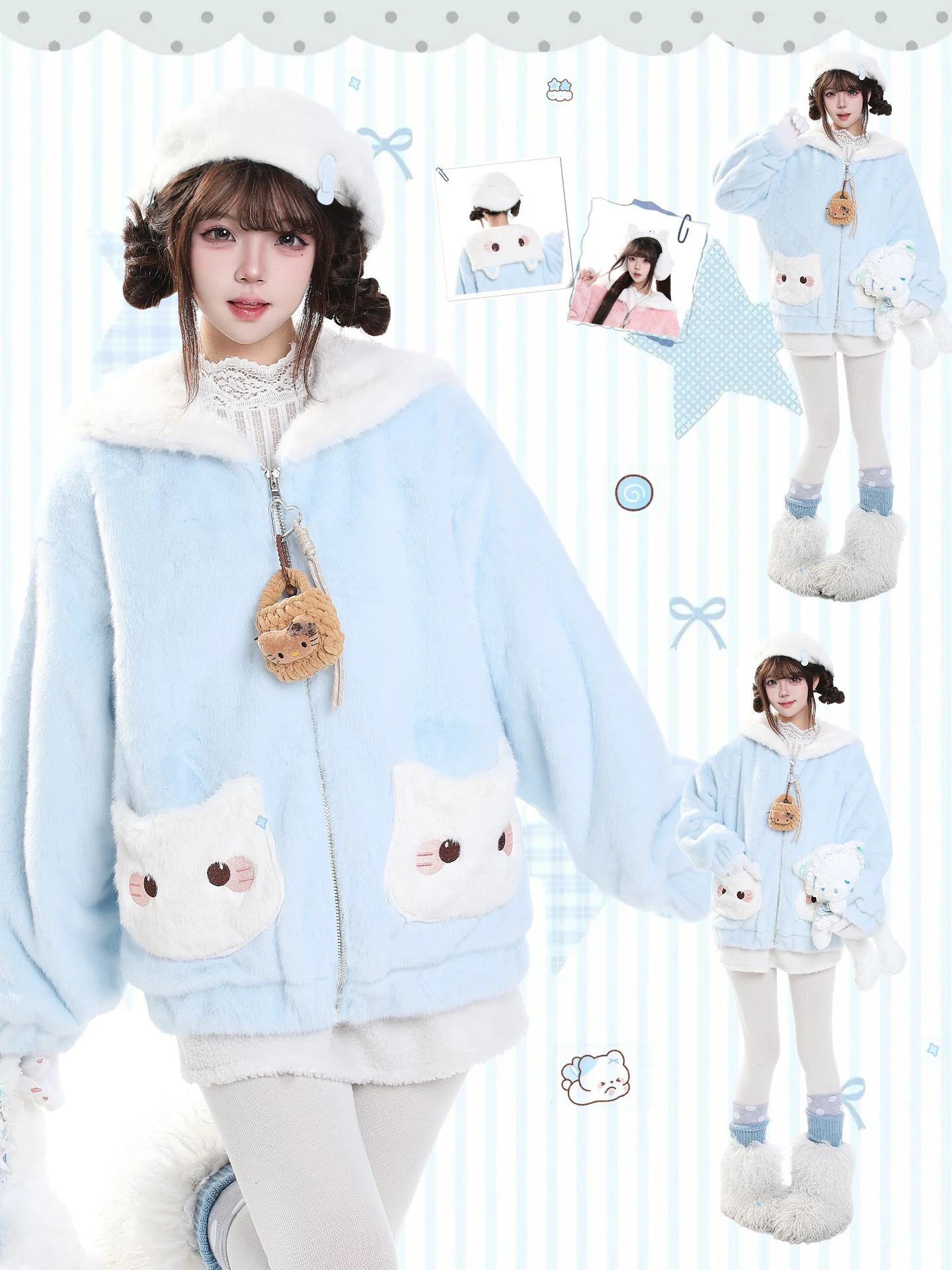 Cute  Pattern Thickened Cotton Jacket Women's Loose Casual Warm Plush Zipper Coat Long Sleeve Short Length Stand Collar