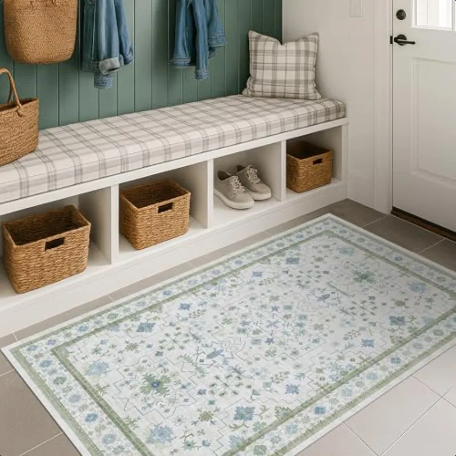 

Blue and Green Washable Entryway Rugs 3x5 Boho Floral Pastel Cream Washable Low Pile Non Slip Small Throw Accent Area Rug for