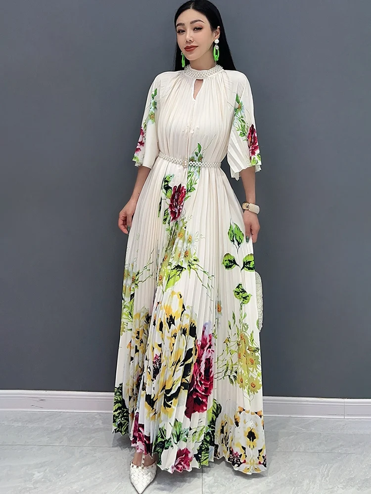 SHENGPALAE Pleated Dress For Women 2024 Summer New Printed Elegant Chic Casual Large Hem A-line Long Dresses Female Robe 5C1144