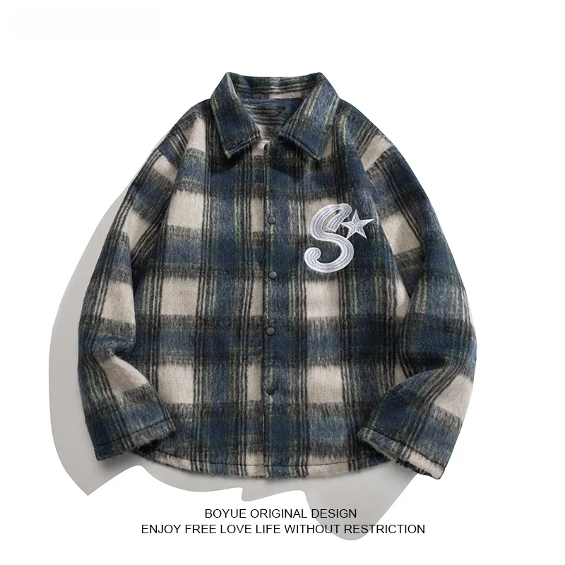

Boyue Faionable Plaid Woolen Coat for Men Hong Kong Sle Retro y Trendy Haome Jaet Youth Winter Casual Loose Fit