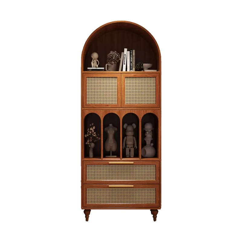 

French retro solid , antique style wall rattan door locker in living room, American light luxury arched storage cabinet
