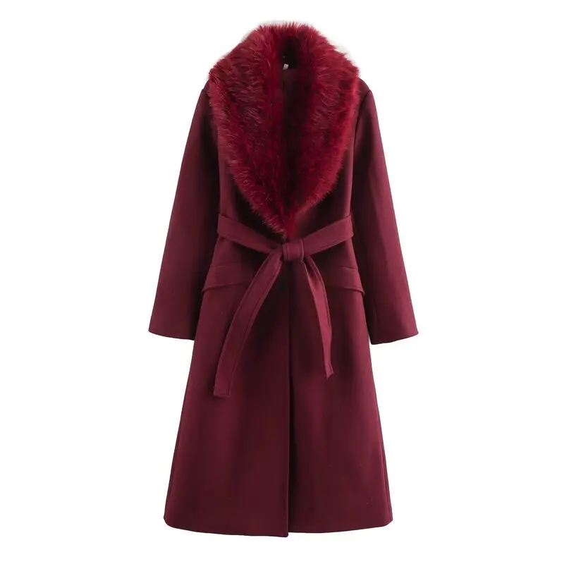 2024 Winter New Women's Faionable Woolen Coat Medium Length All-Match Fur Collar Outerwear Long Sve Commute Sle