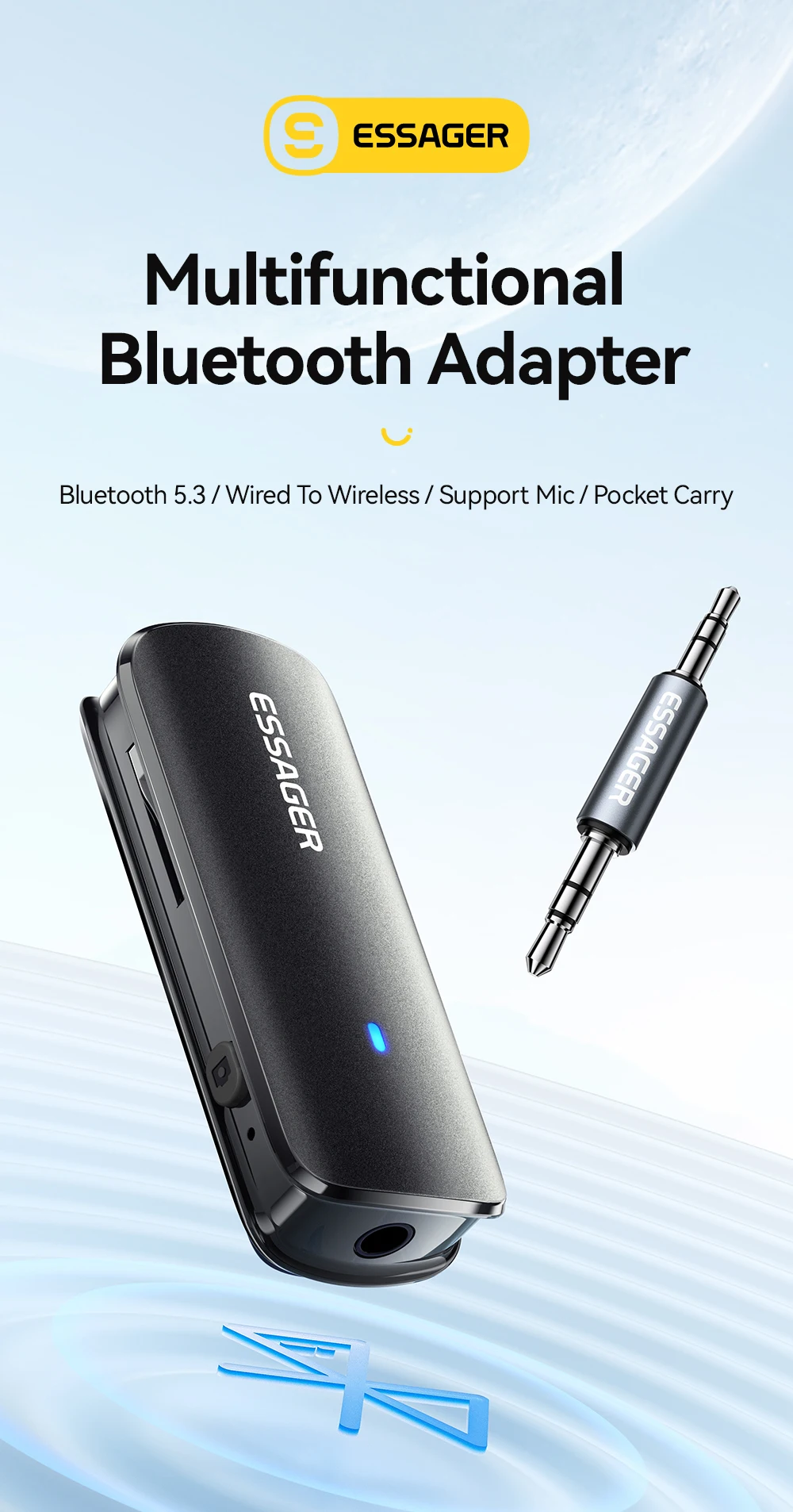 Essager Multifunktionaler Bluetooth 5.3-Adapter, 3,5-mm-Klinkenstecker, Aux-Wireless-Adapter, Stereo für Kopfhörer, Telefone, TV, Auto-Audio-Receiver – Detail 1