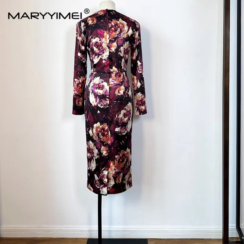 MARYYIMEI Fashion Designer Women\'s New Silk Vintage Long-Sleeved Hand-Painted Printed Wine Red Hip Wrap Pencil Split MIDI Dress